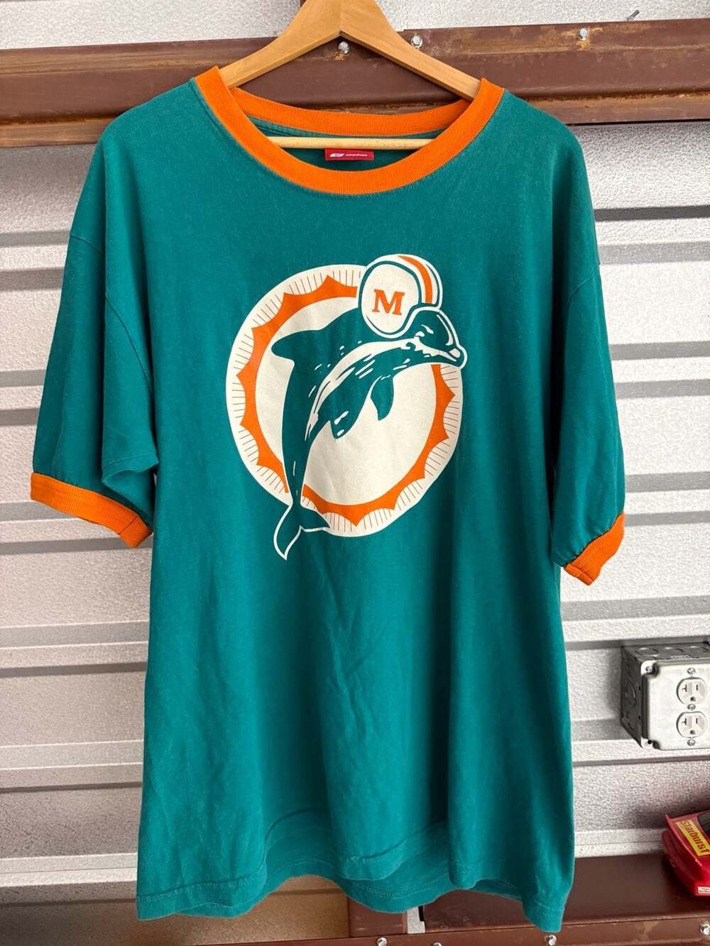 Vintage Reebok Miami Dolphins Ringer T-Shirt Teal Orange